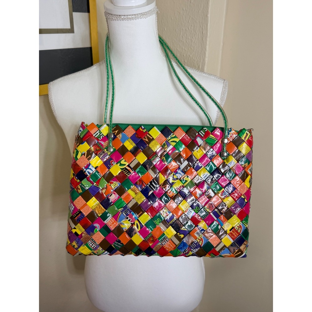 Handmade Recycled Candy Wrapper Woven Tote Bag Green Zip Shoulder Bag Multicolor